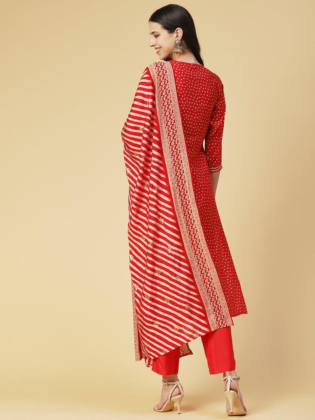 Bandhani Printed Gotapatti Embroidered Kurta With Pants & Printed Dupatta - Fuchsia - Indiakreations