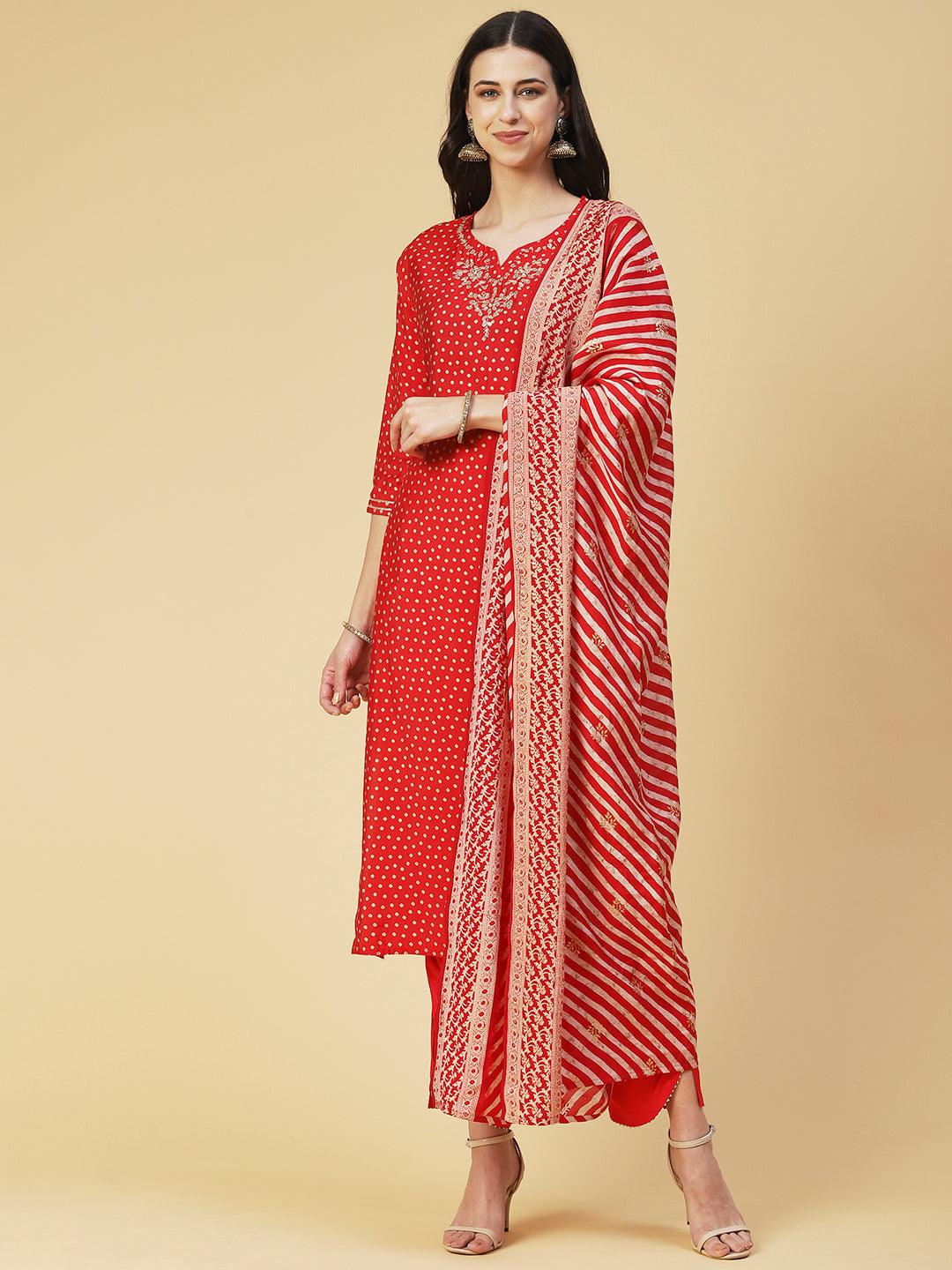 Bandhani Printed Gotapatti Embroidered Kurta With Pants & Printed Dupatta - Fuchsia - Indiakreations