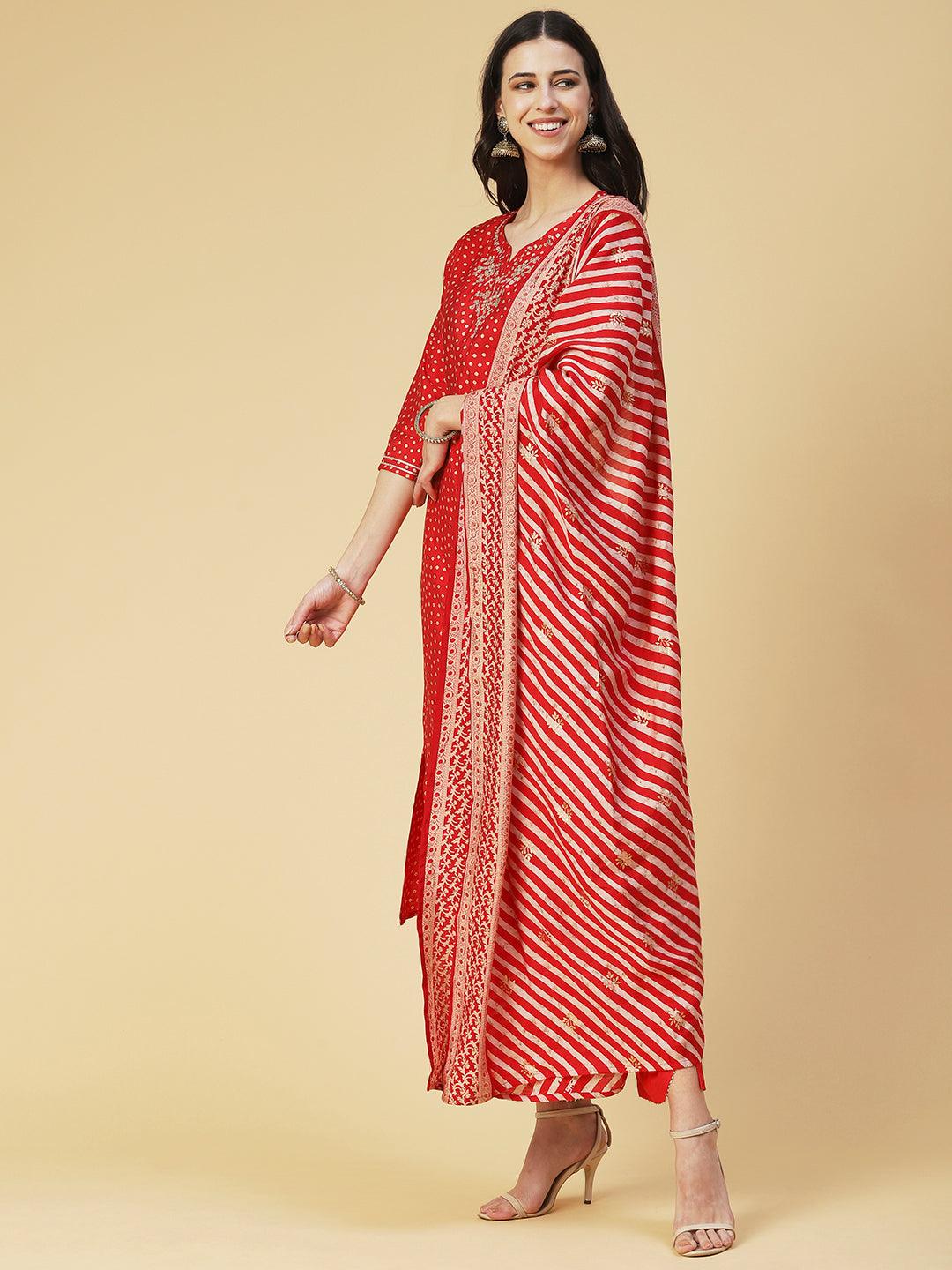 Bandhani Printed Gotapatti Embroidered Kurta With Pants & Printed Dupatta - Fuchsia - Indiakreations