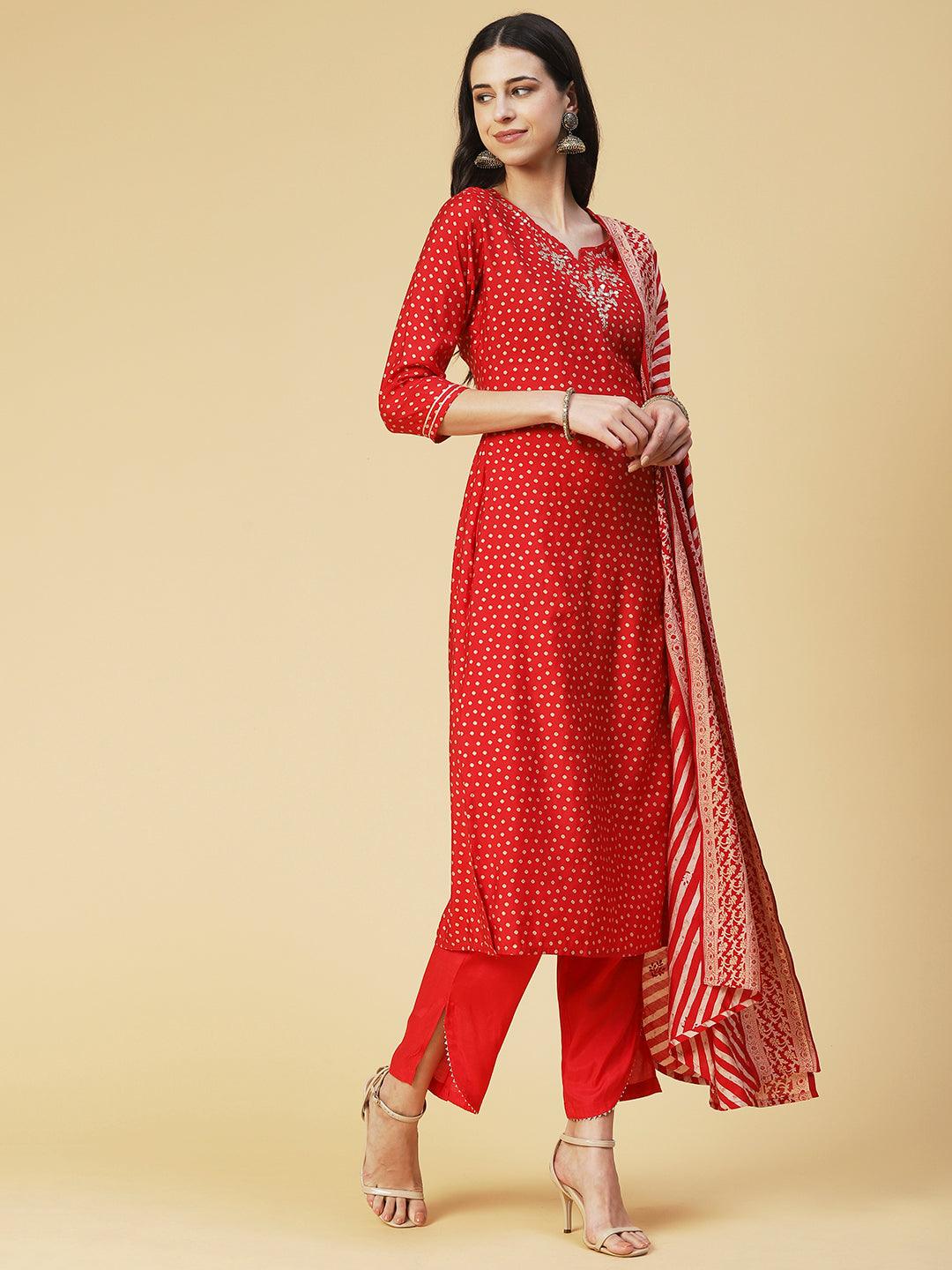 Bandhani Printed Gotapatti Embroidered Kurta With Pants & Printed Dupatta - Fuchsia - Indiakreations