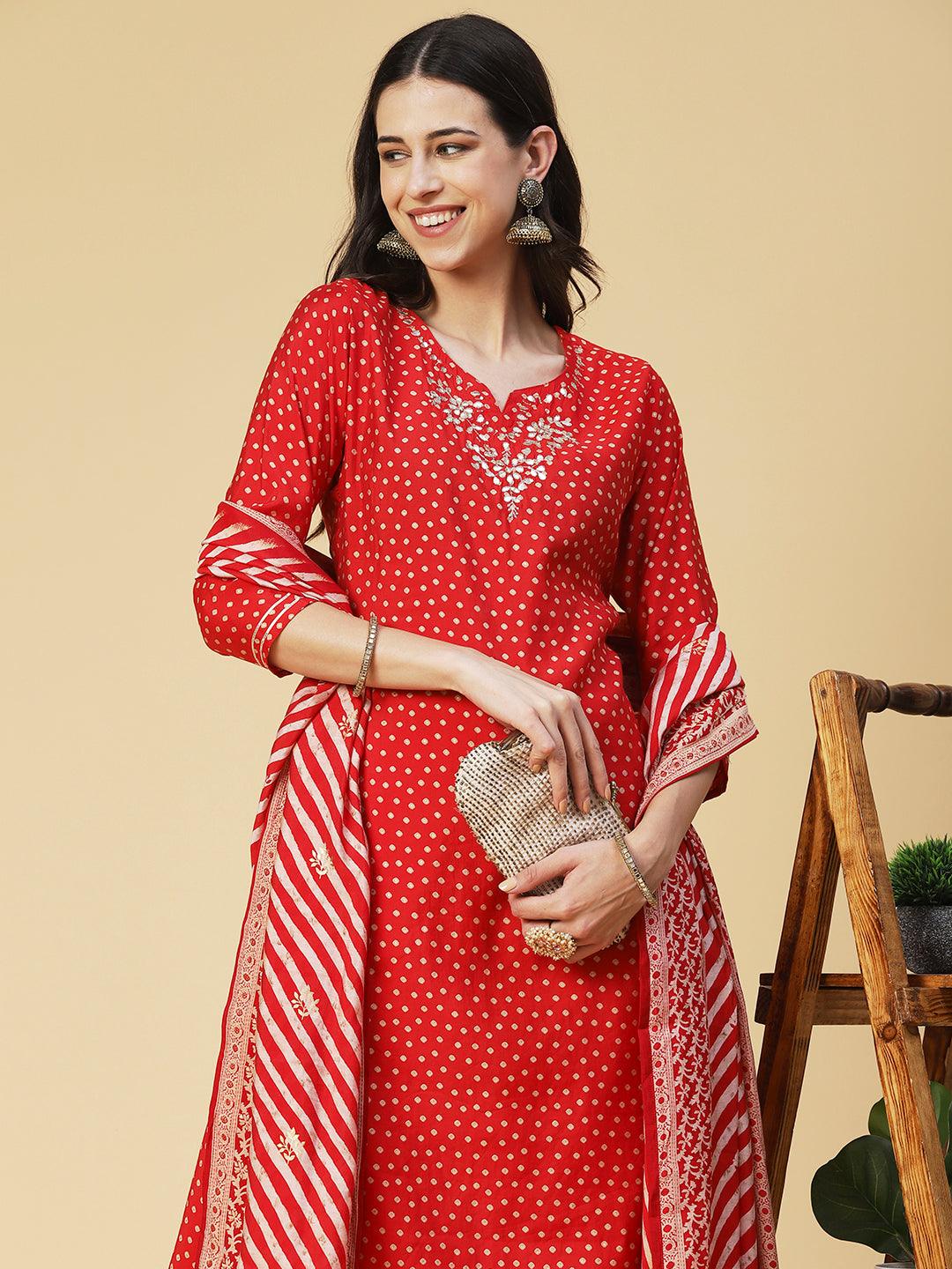 Bandhani Printed Gotapatti Embroidered Kurta With Pants & Printed Dupatta - Fuchsia - Indiakreations