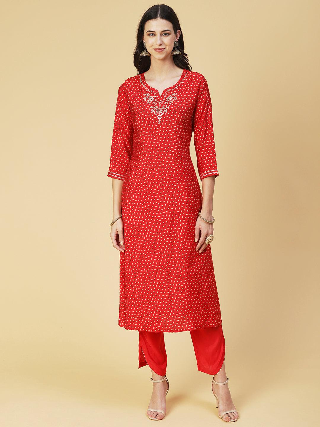 Bandhani Printed Gotapatti Embroidered Kurta With Pants & Printed Dupatta - Fuchsia - Indiakreations