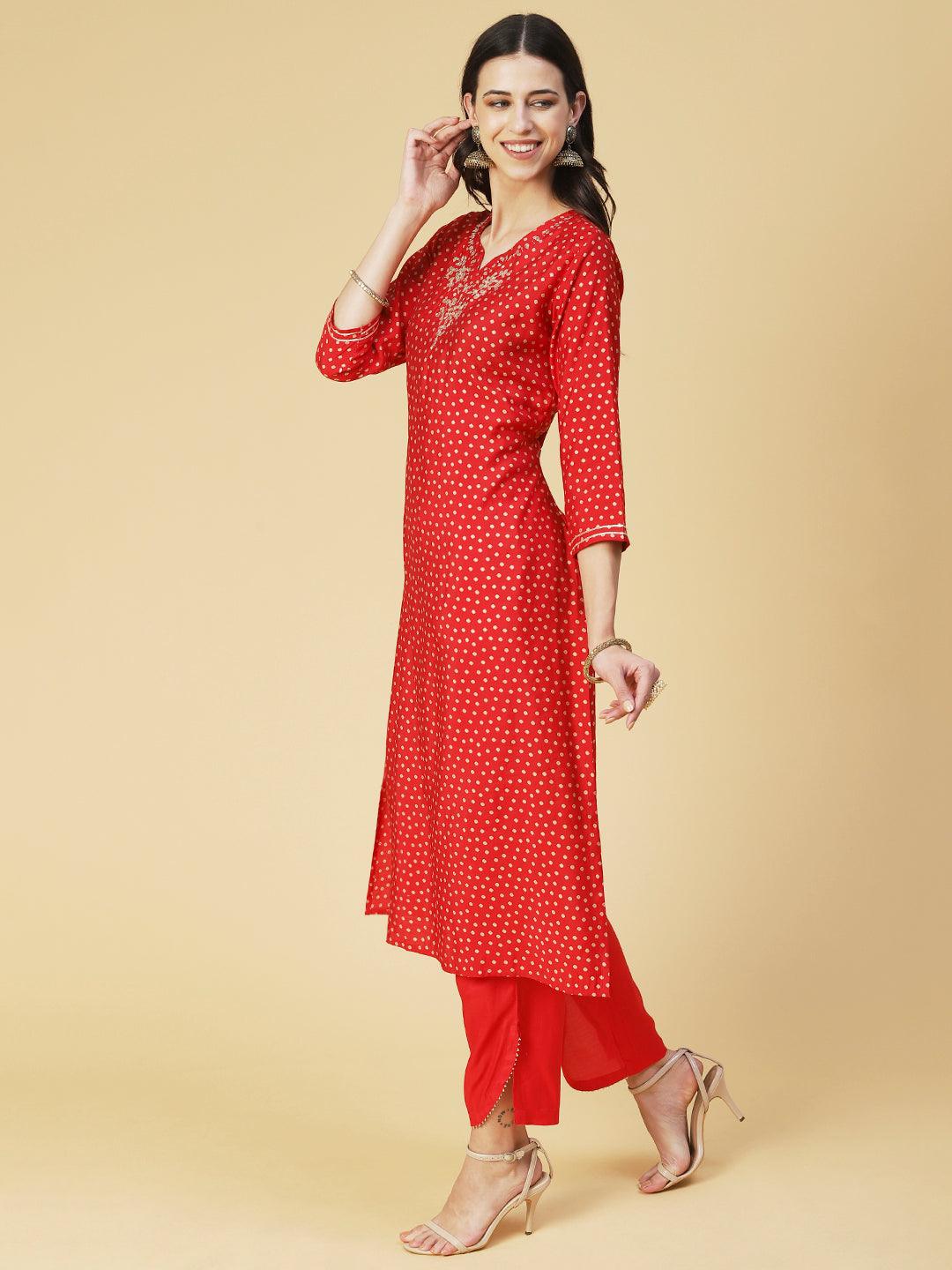 Bandhani Printed Gotapatti Embroidered Kurta With Pants & Printed Dupatta - Fuchsia - Indiakreations