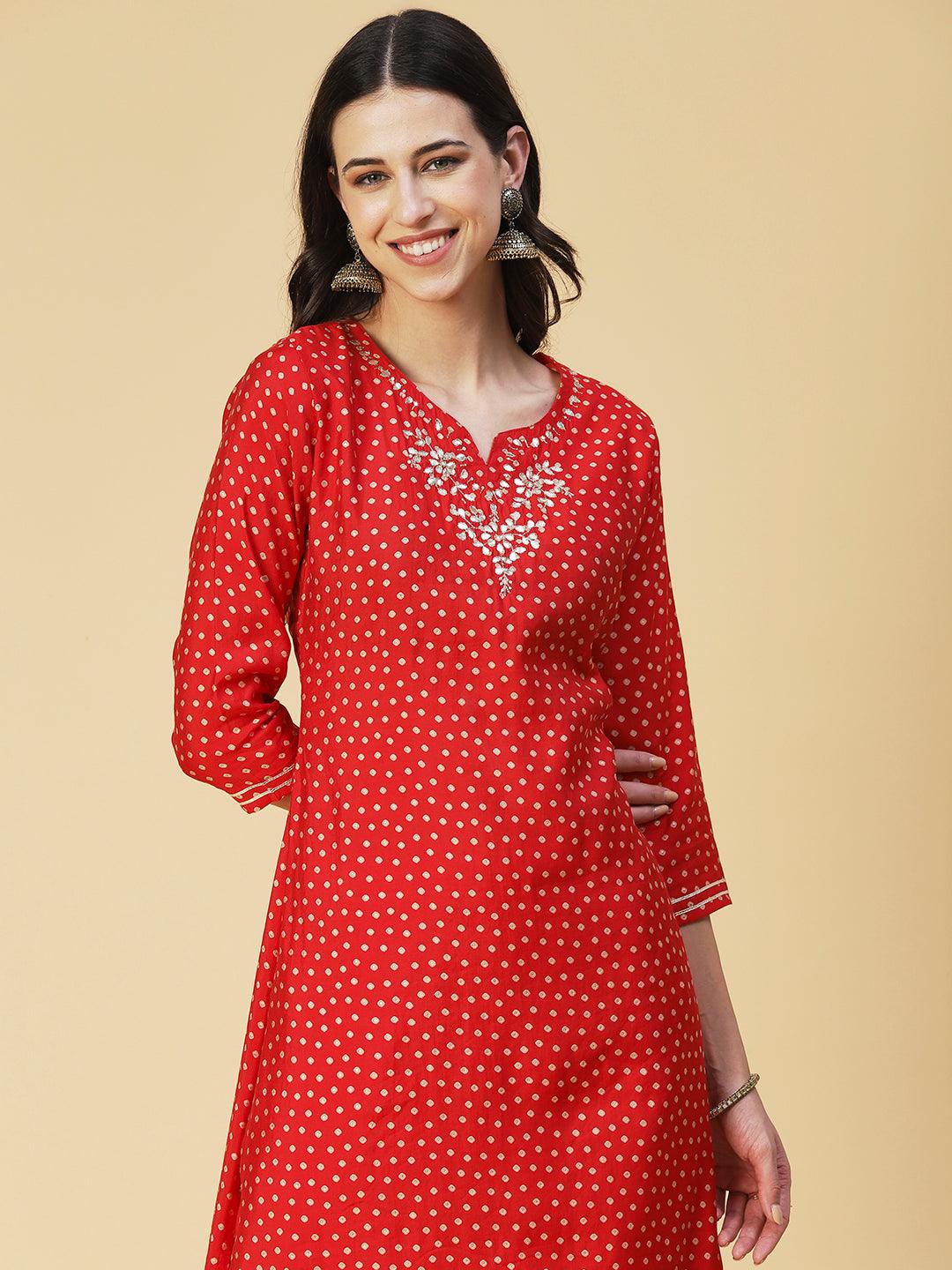 Bandhani Printed Gotapatti Embroidered Kurta With Pants & Printed Dupatta - Fuchsia - Indiakreations