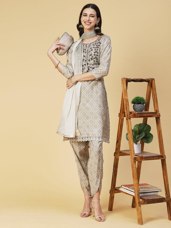 Geometric Printed & Mirror Embroidered Kurta with Pant & Dupatta - Grey - Indiakreations