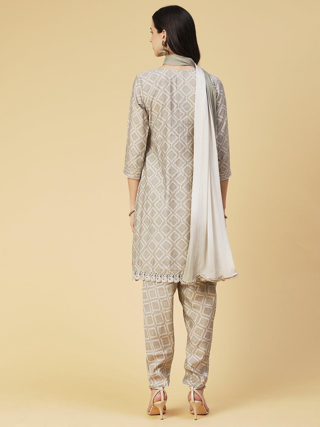 Geometric Printed & Mirror Embroidered Kurta with Pant & Dupatta - Grey - Indiakreations