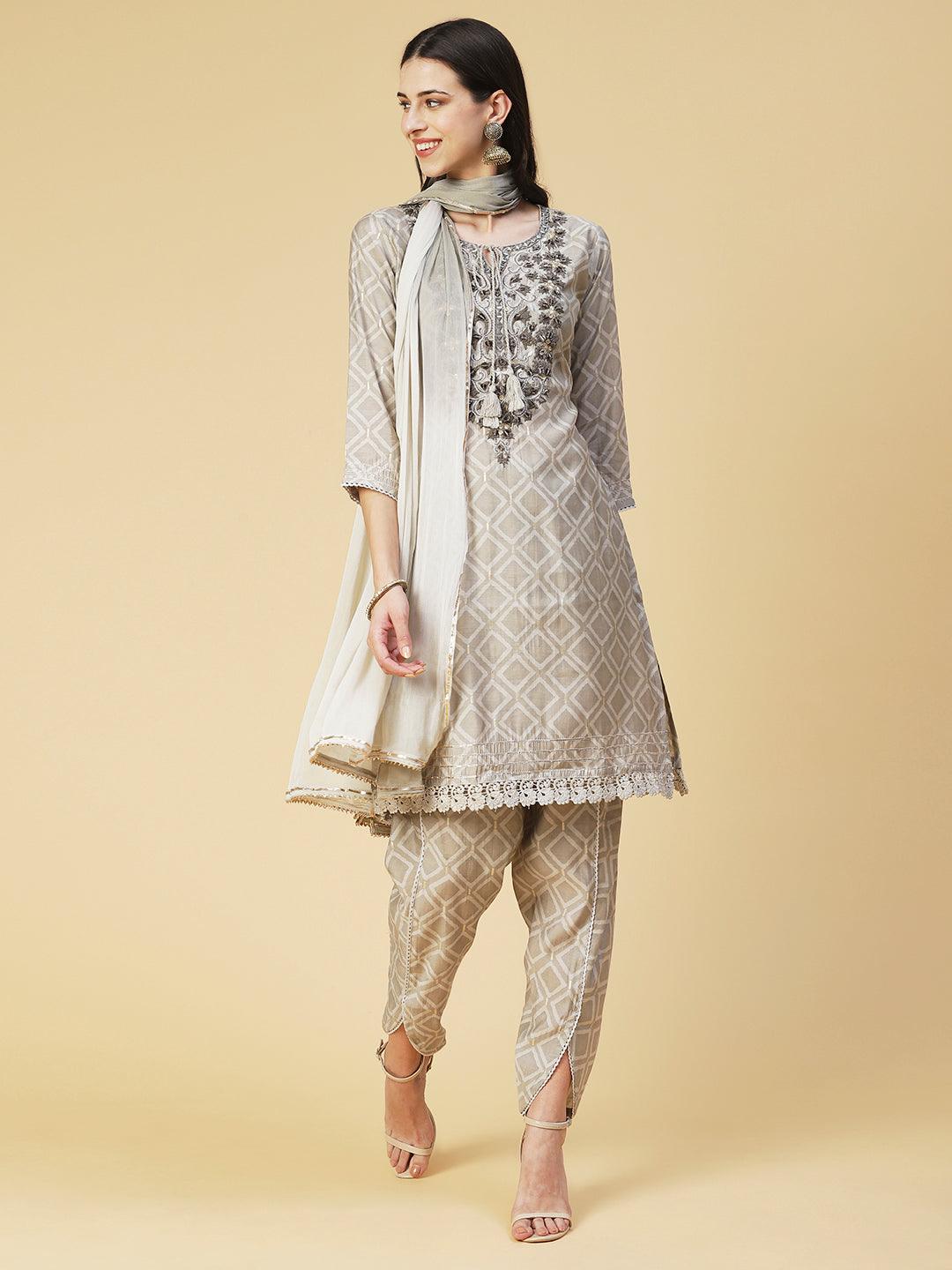 Geometric Printed & Mirror Embroidered Kurta with Pant & Dupatta - Grey - Indiakreations