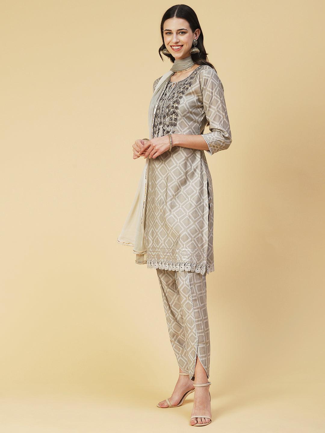 Geometric Printed & Mirror Embroidered Kurta with Pant & Dupatta - Grey - Indiakreations