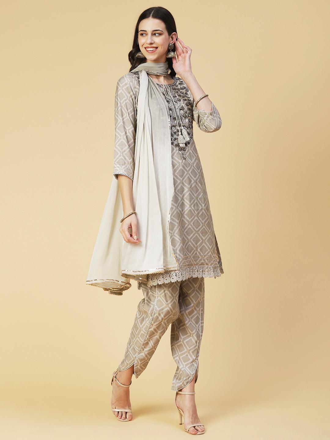 Geometric Printed & Mirror Embroidered Kurta with Pant & Dupatta - Grey - Indiakreations