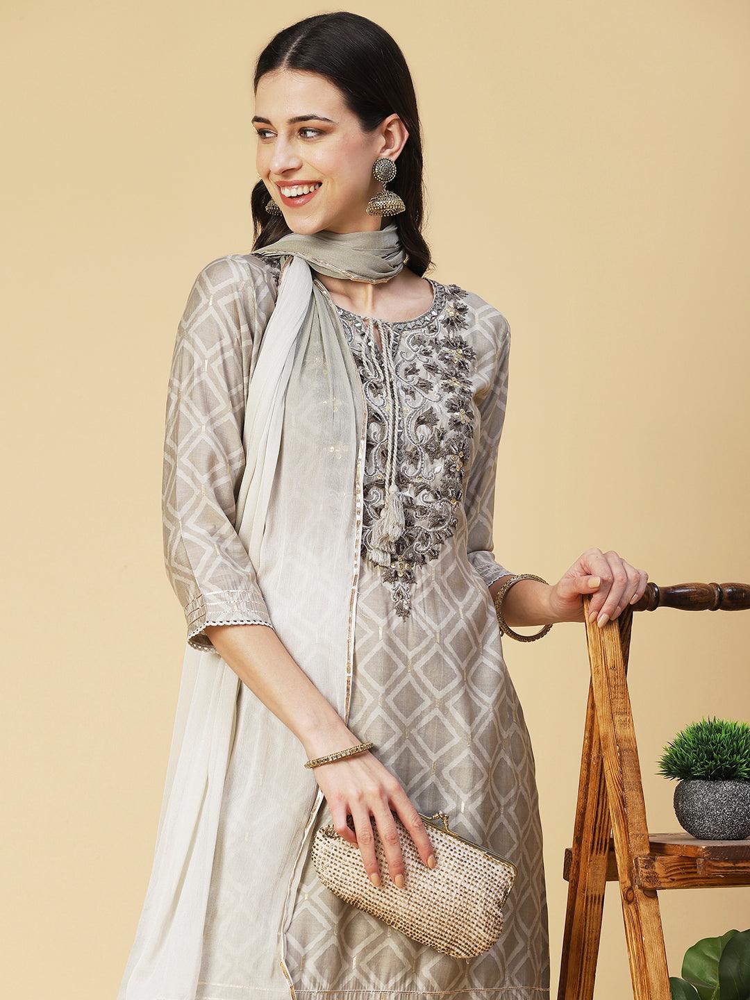 Geometric Printed & Mirror Embroidered Kurta with Pant & Dupatta - Grey - Indiakreations