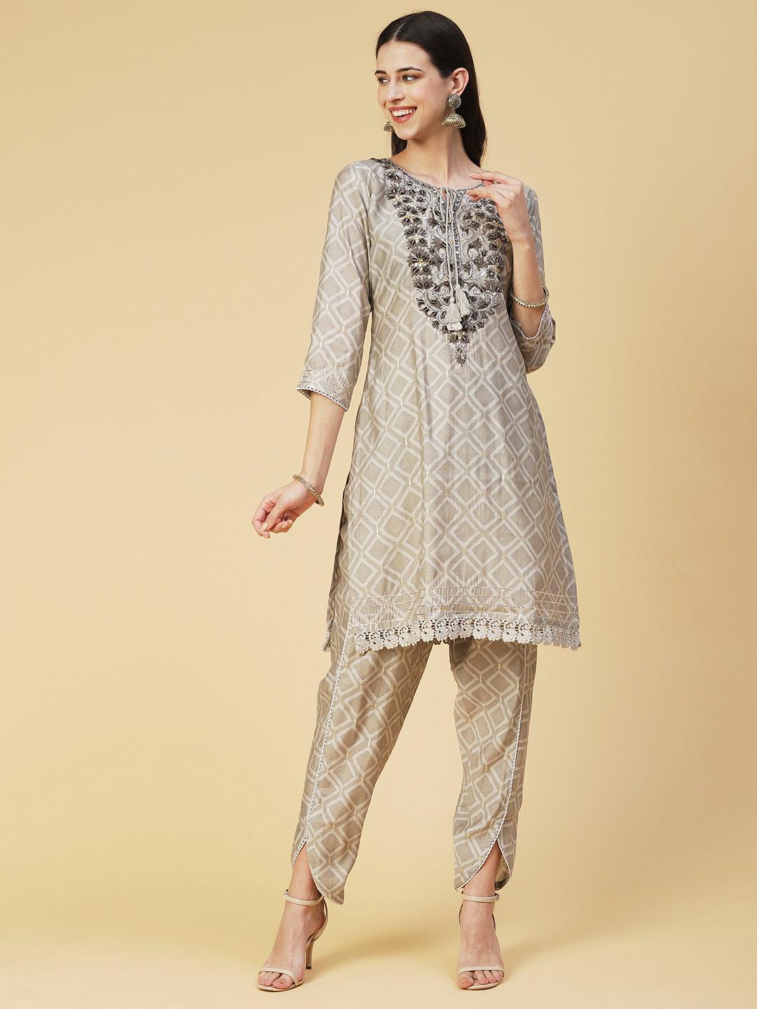 Geometric Printed & Mirror Embroidered Kurta with Pant & Dupatta - Grey - Indiakreations