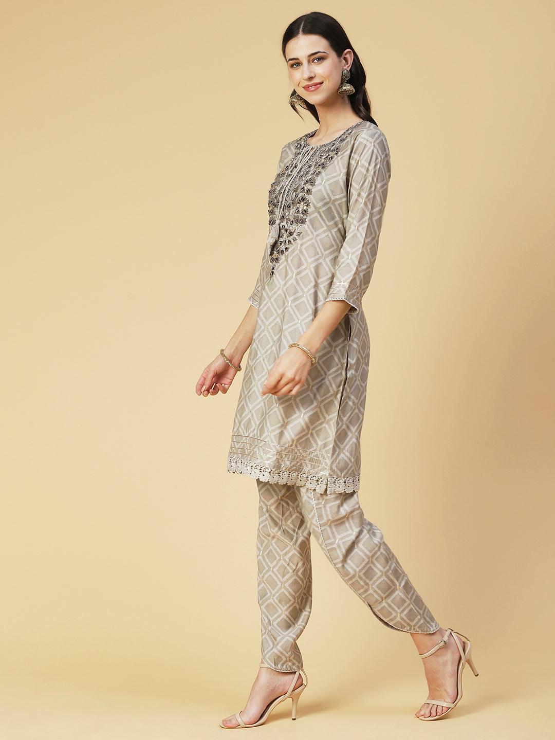 Geometric Printed & Mirror Embroidered Kurta with Pant & Dupatta - Grey - Indiakreations