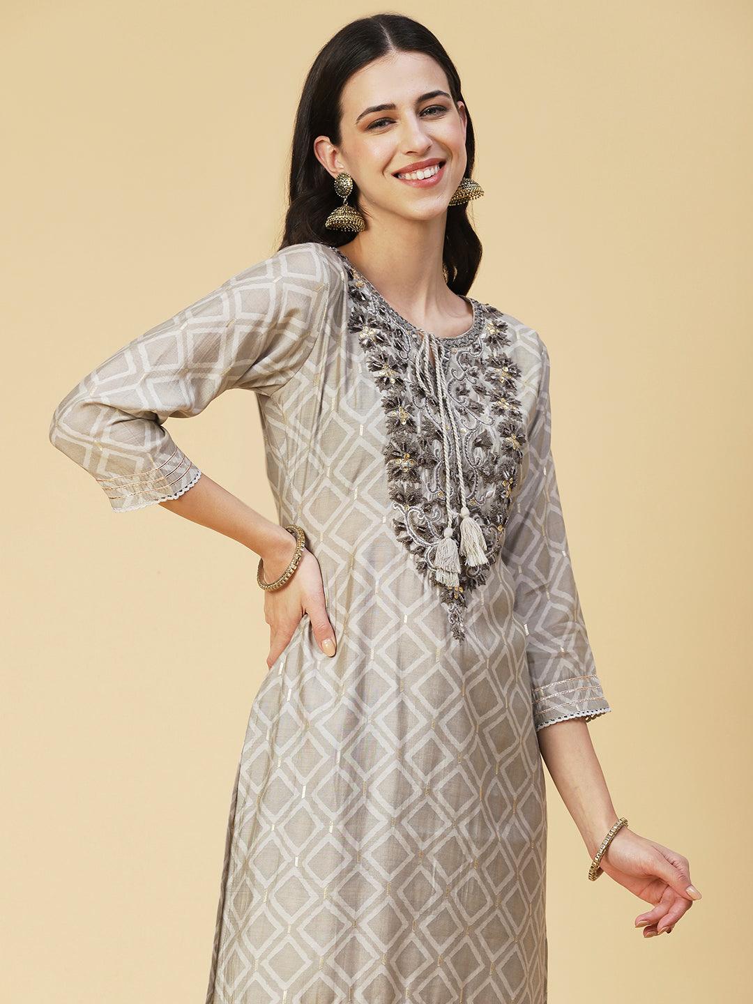 Geometric Printed & Mirror Embroidered Kurta with Pant & Dupatta - Grey - Indiakreations