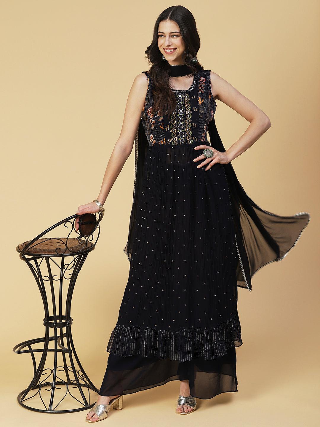 Ethnic Printed & Mirror Embroidered A-Line Kurta with Palazzo & Dupatta - Navy Blue - Indiakreations