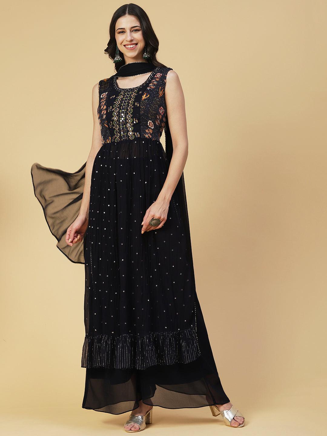 Ethnic Printed & Mirror Embroidered A-Line Kurta with Palazzo & Dupatta - Navy Blue - Indiakreations