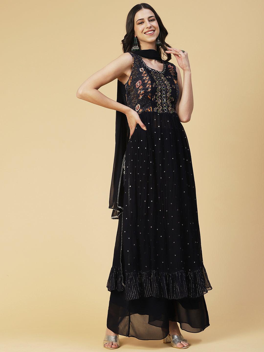 Ethnic Printed & Mirror Embroidered A-Line Kurta with Palazzo & Dupatta - Navy Blue - Indiakreations