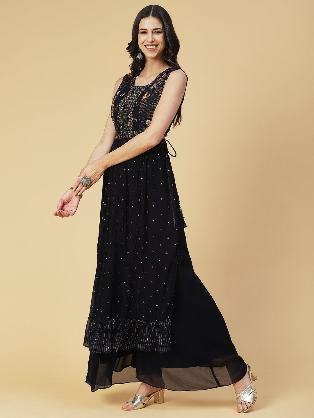 Ethnic Printed & Mirror Embroidered A-Line Kurta with Palazzo & Dupatta - Navy Blue - Indiakreations