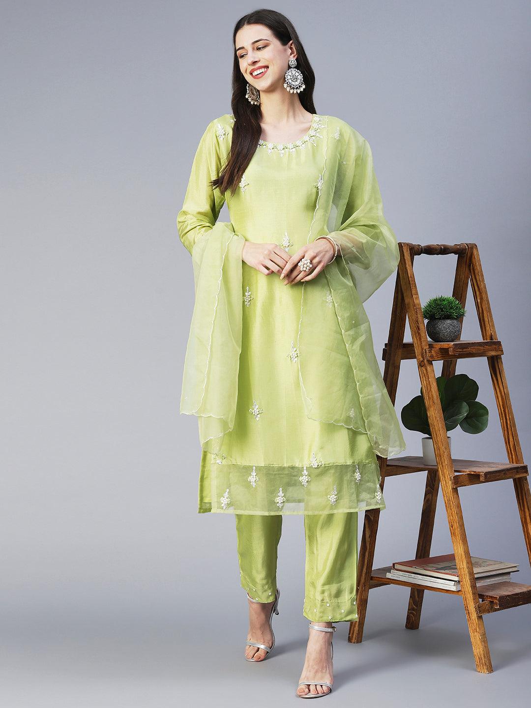 Solid Floral Hand Embroidered Straight Kurta with Pant & Dupatta - Green - Indiakreations