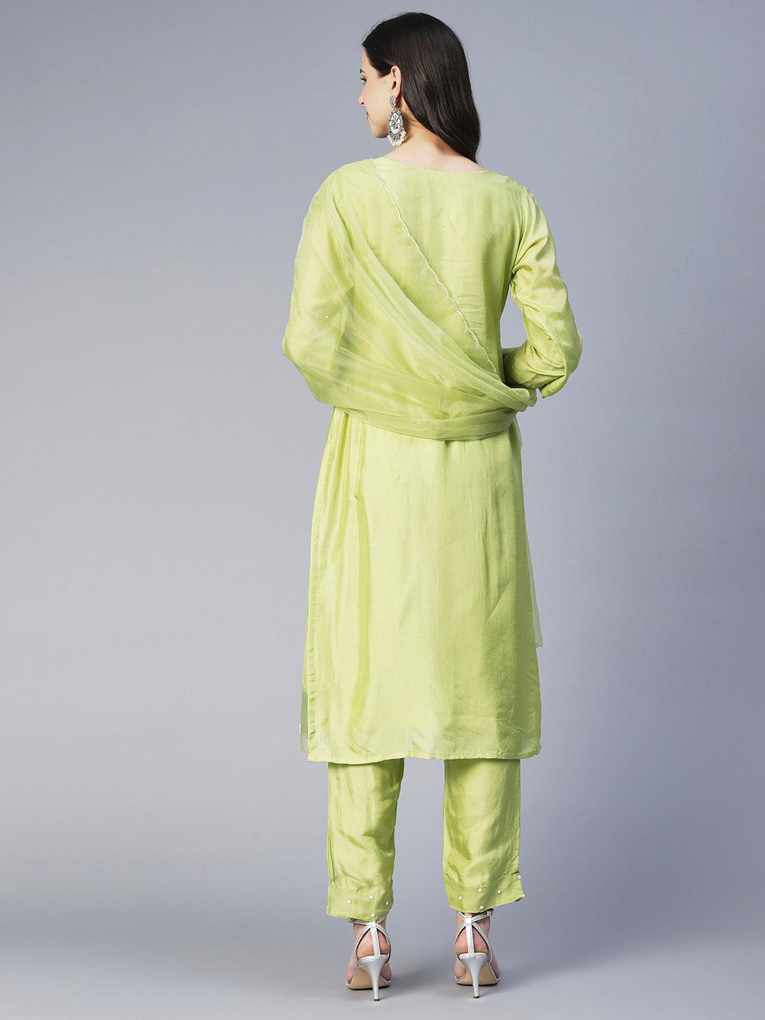 Solid Floral Hand Embroidered Straight Kurta with Pant & Dupatta - Green - Indiakreations