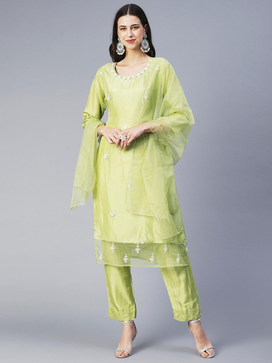 Solid Floral Hand Embroidered Straight Kurta with Pant & Dupatta - Green - Indiakreations