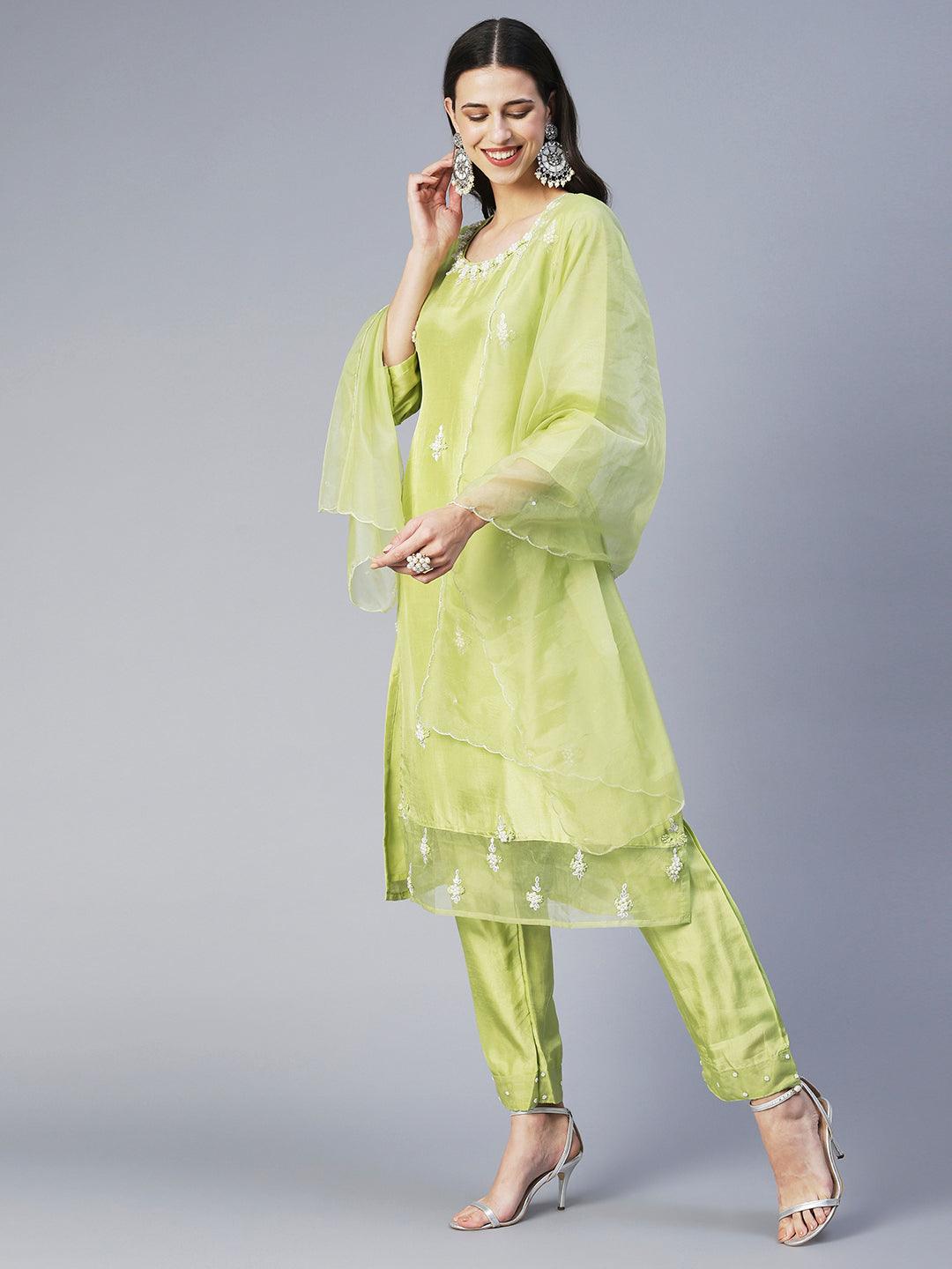 Solid Floral Hand Embroidered Straight Kurta with Pant & Dupatta - Green - Indiakreations