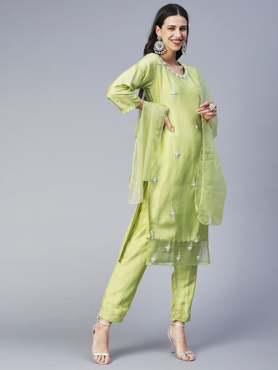 Solid Floral Hand Embroidered Straight Kurta with Pant & Dupatta - Green - Indiakreations