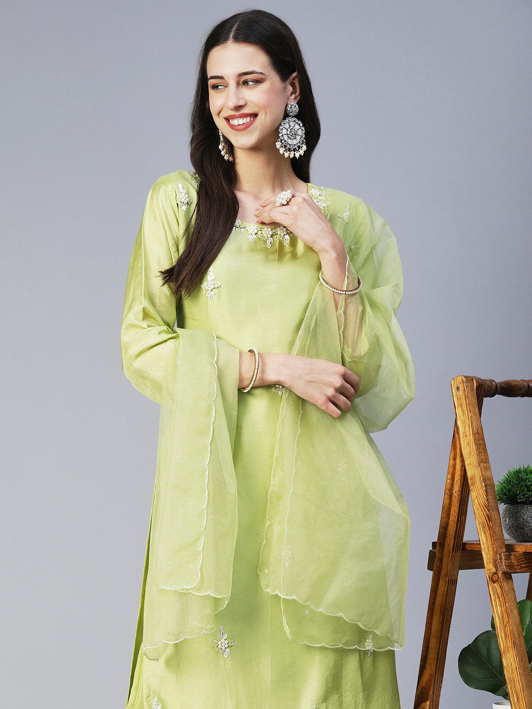 Solid Floral Hand Embroidered Straight Kurta with Pant & Dupatta - Green - Indiakreations