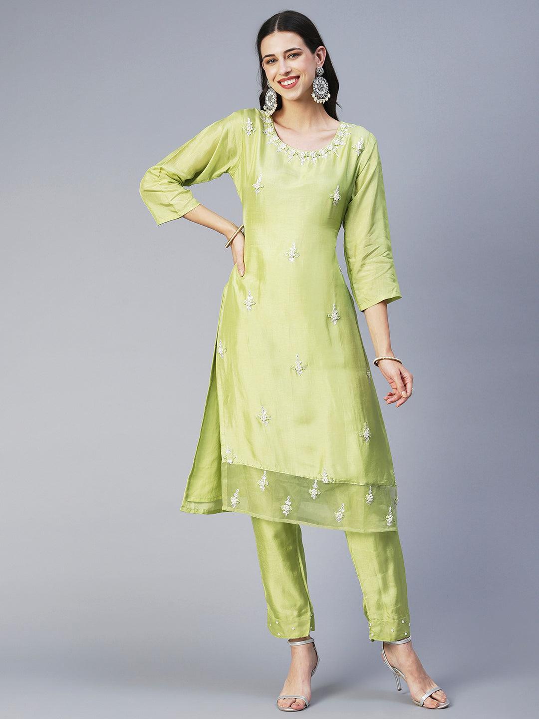 Solid Floral Hand Embroidered Straight Kurta with Pant & Dupatta - Green - Indiakreations