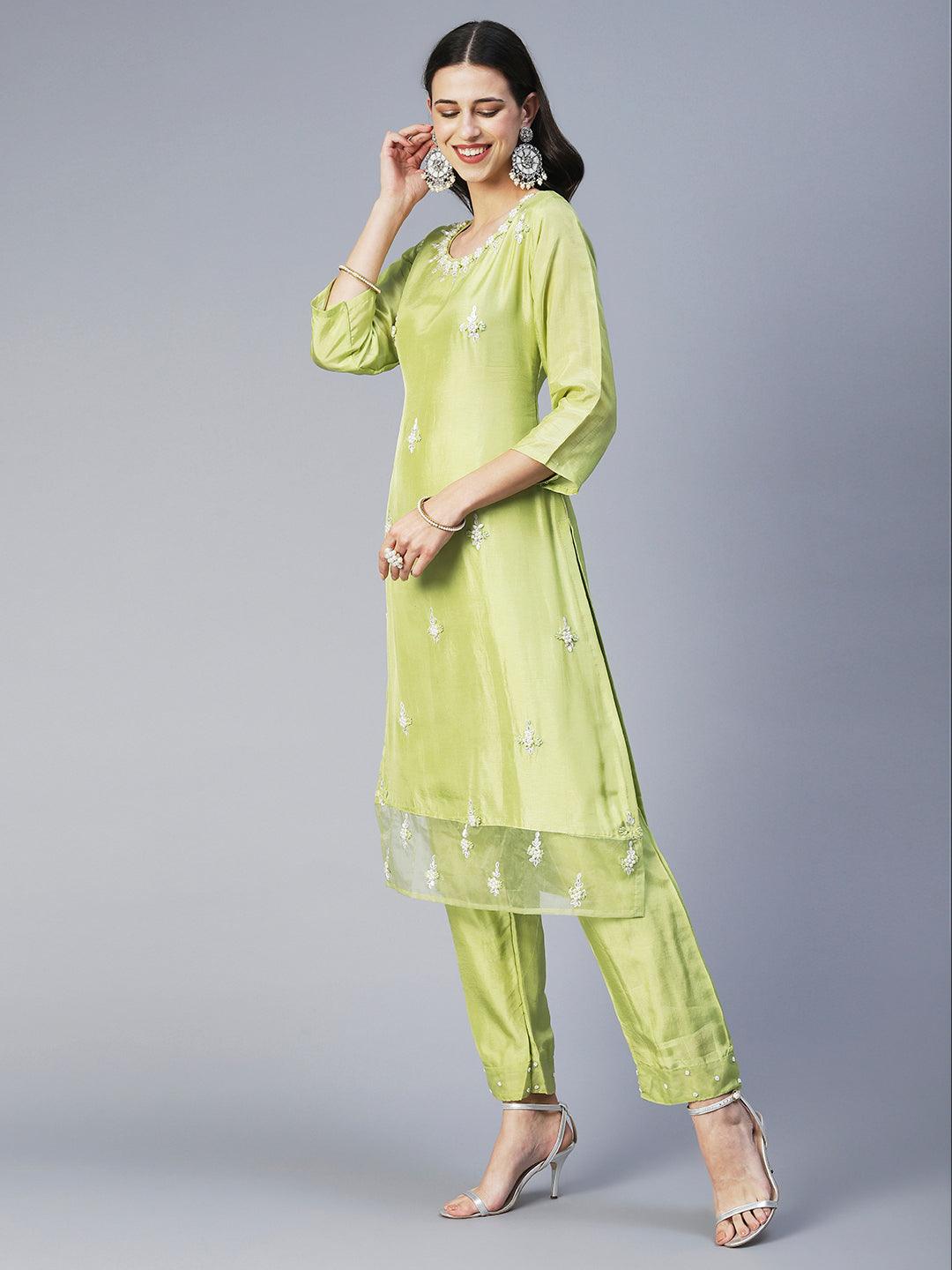 Solid Floral Hand Embroidered Straight Kurta with Pant & Dupatta - Green - Indiakreations