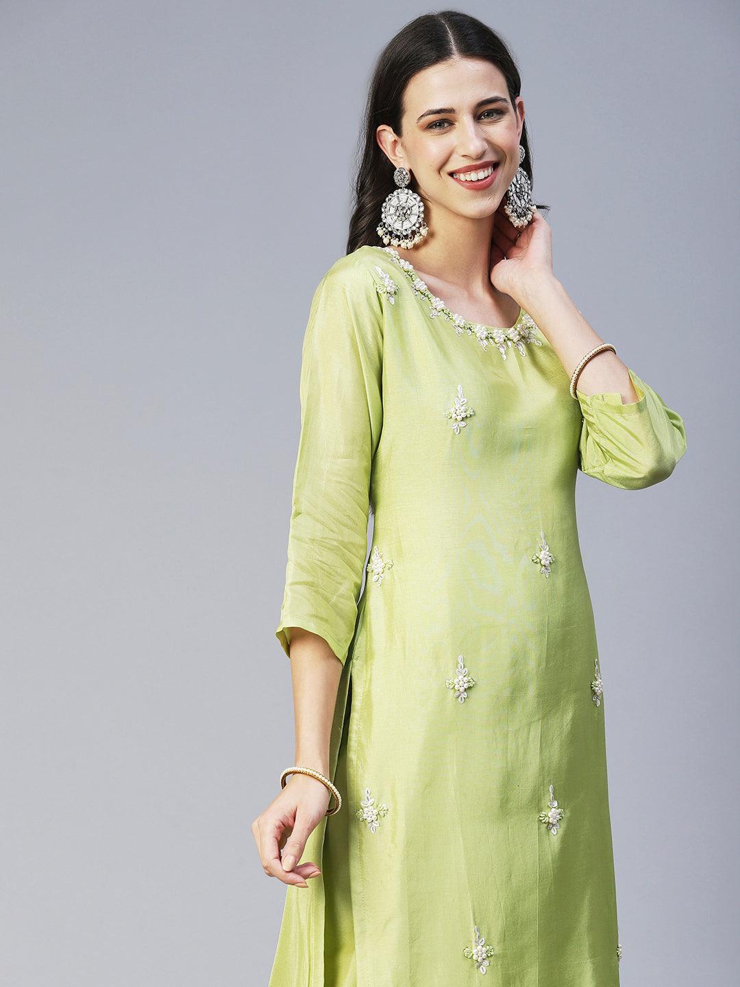 Solid Floral Hand Embroidered Straight Kurta with Pant & Dupatta - Green - Indiakreations