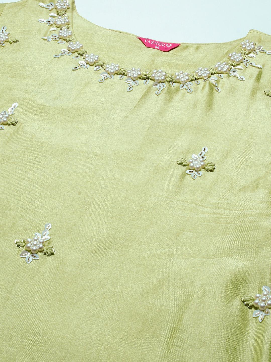 Solid Floral Hand Embroidered Straight Kurta with Pant & Dupatta - Green - Indiakreations