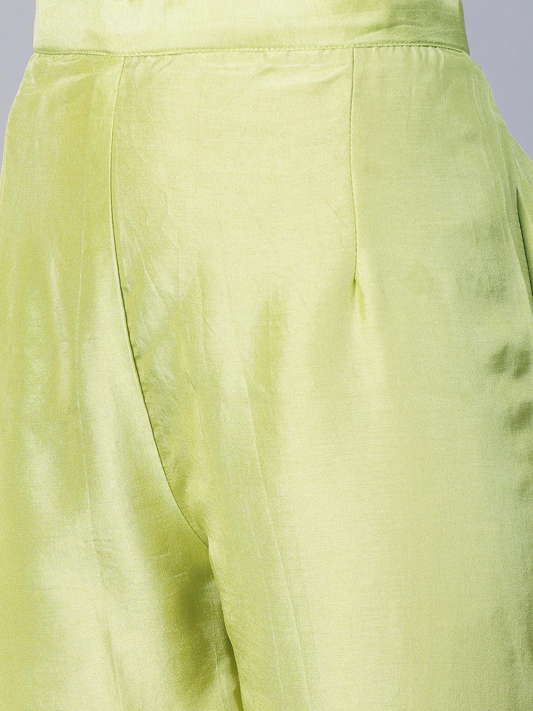 Solid Floral Hand Embroidered Straight Kurta with Pant & Dupatta - Green - Indiakreations