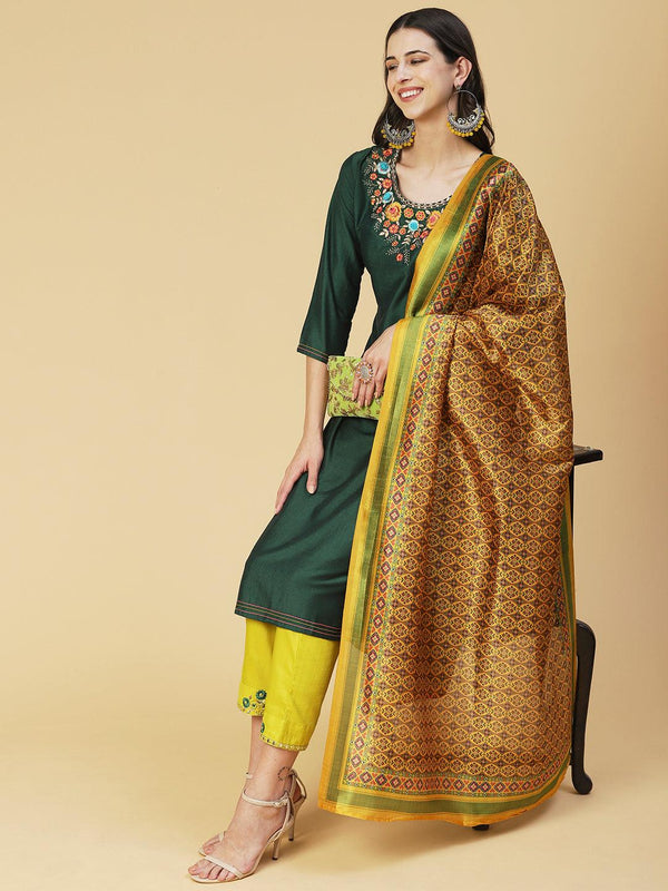 Solid Mirror Embroidered Kurta with Pants & printed Dupatta - Green - Indiakreations