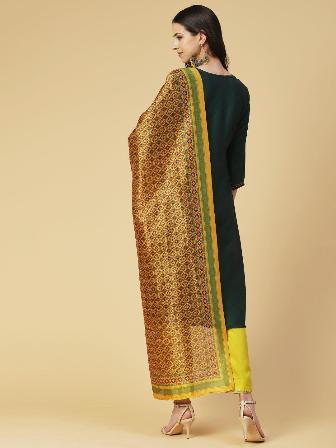 Solid Mirror Embroidered Kurta with Pants & printed Dupatta - Green - Indiakreations