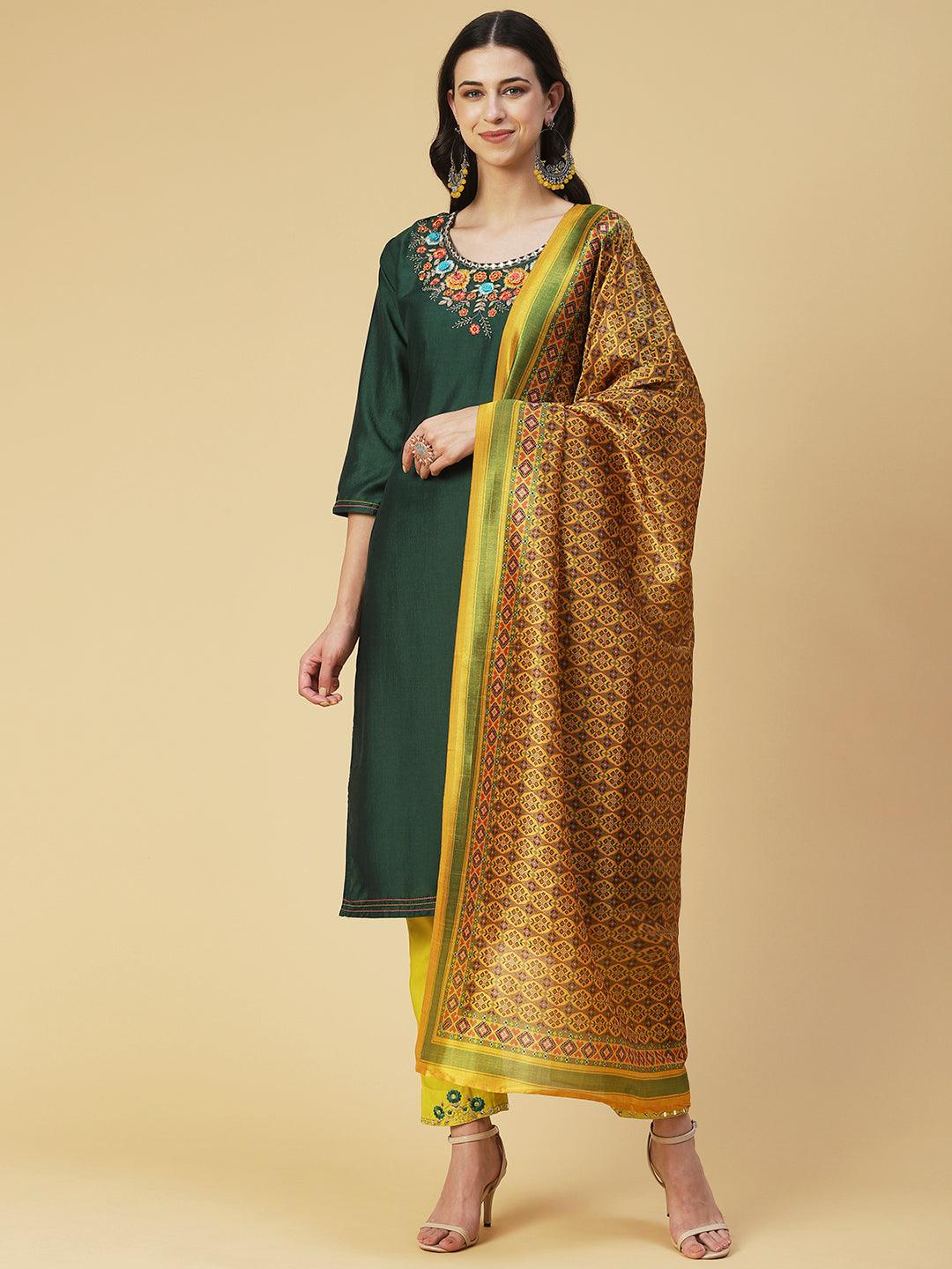 Solid Mirror Embroidered Kurta with Pants & printed Dupatta - Green - Indiakreations