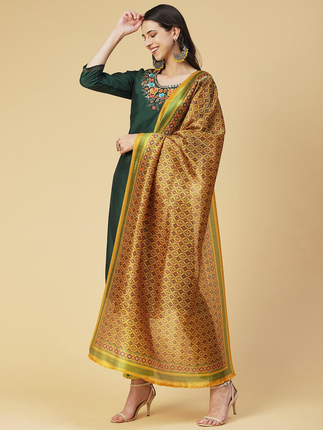 Solid Mirror Embroidered Kurta with Pants & printed Dupatta - Green - Indiakreations