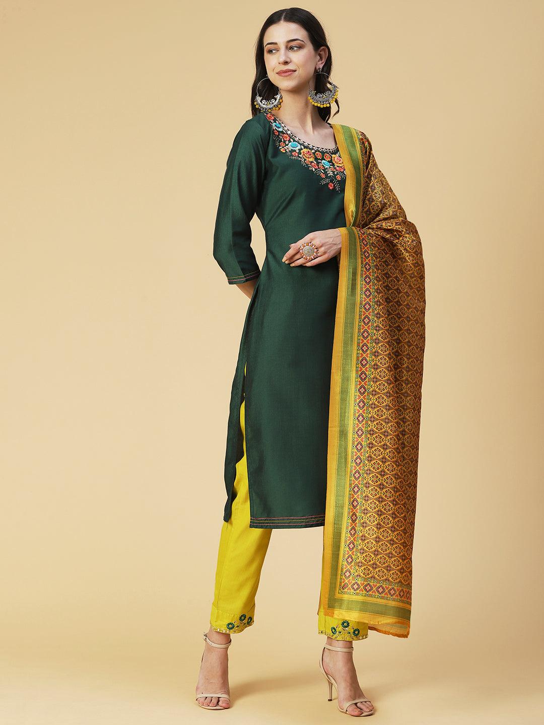 Solid Mirror Embroidered Kurta with Pants & printed Dupatta - Green - Indiakreations