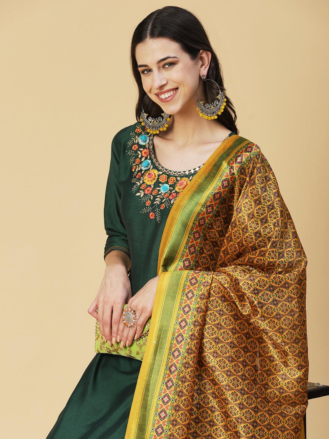 Solid Mirror Embroidered Kurta with Pants & printed Dupatta - Green - Indiakreations