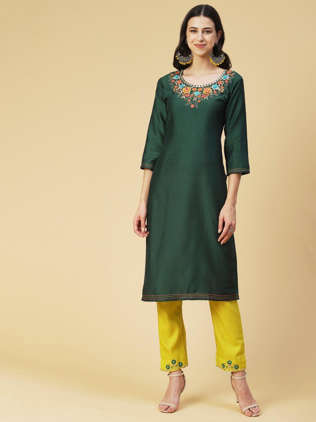 Solid Mirror Embroidered Kurta with Pants & printed Dupatta - Green - Indiakreations