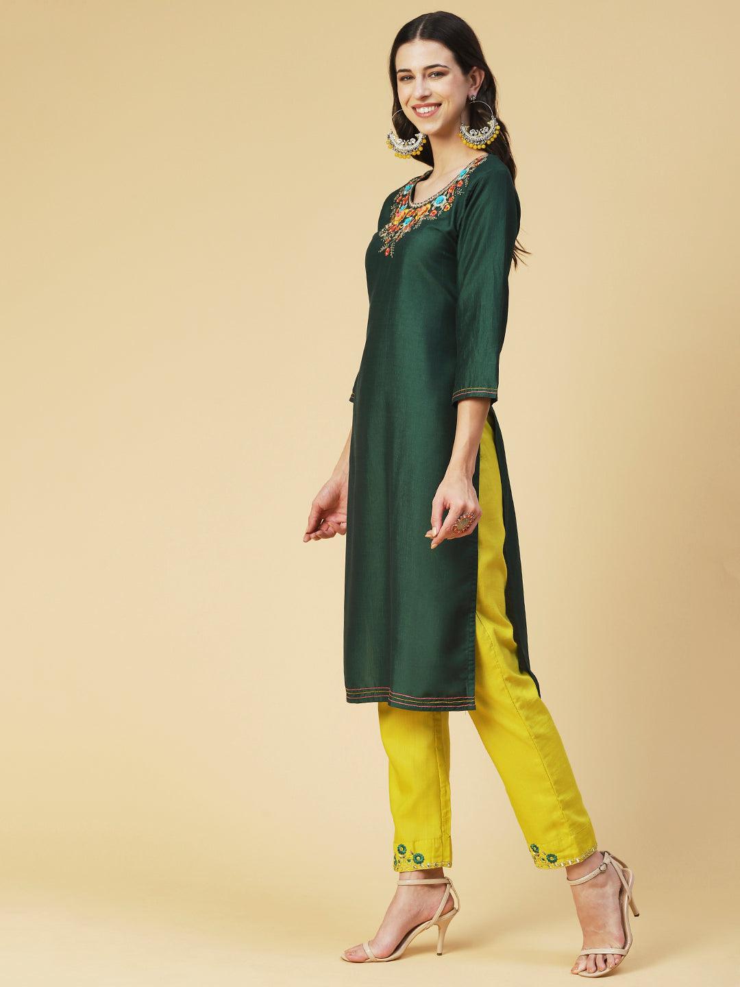 Solid Mirror Embroidered Kurta with Pants & printed Dupatta - Green - Indiakreations