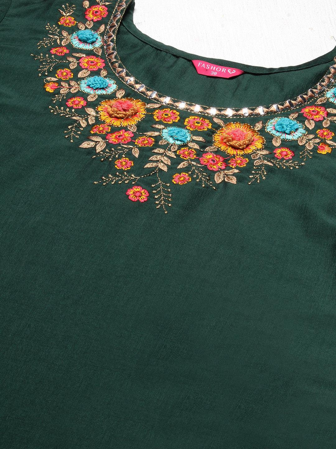 Solid Mirror Embroidered Kurta with Pants & printed Dupatta - Green - Indiakreations