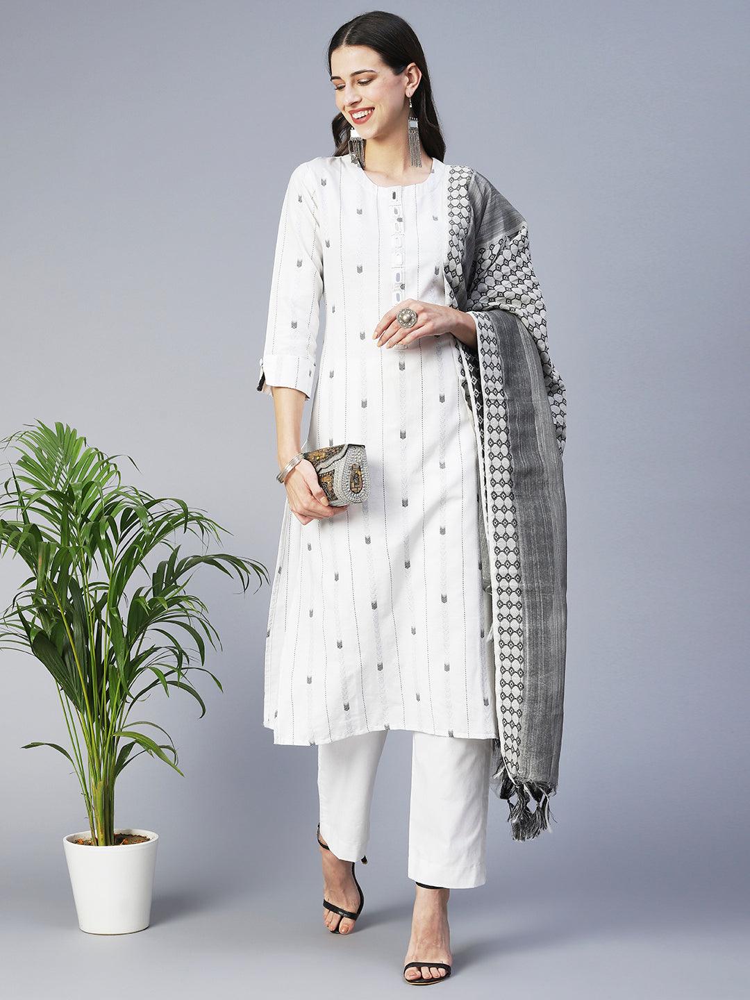 Solid Mirror Embroidered Kurta With Pants & Jacquard Dupatta - White - Indiakreations