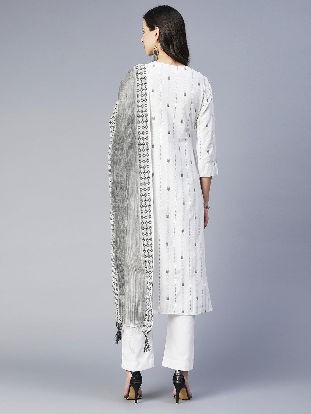 Solid Mirror Embroidered Kurta With Pants & Jacquard Dupatta - White - Indiakreations