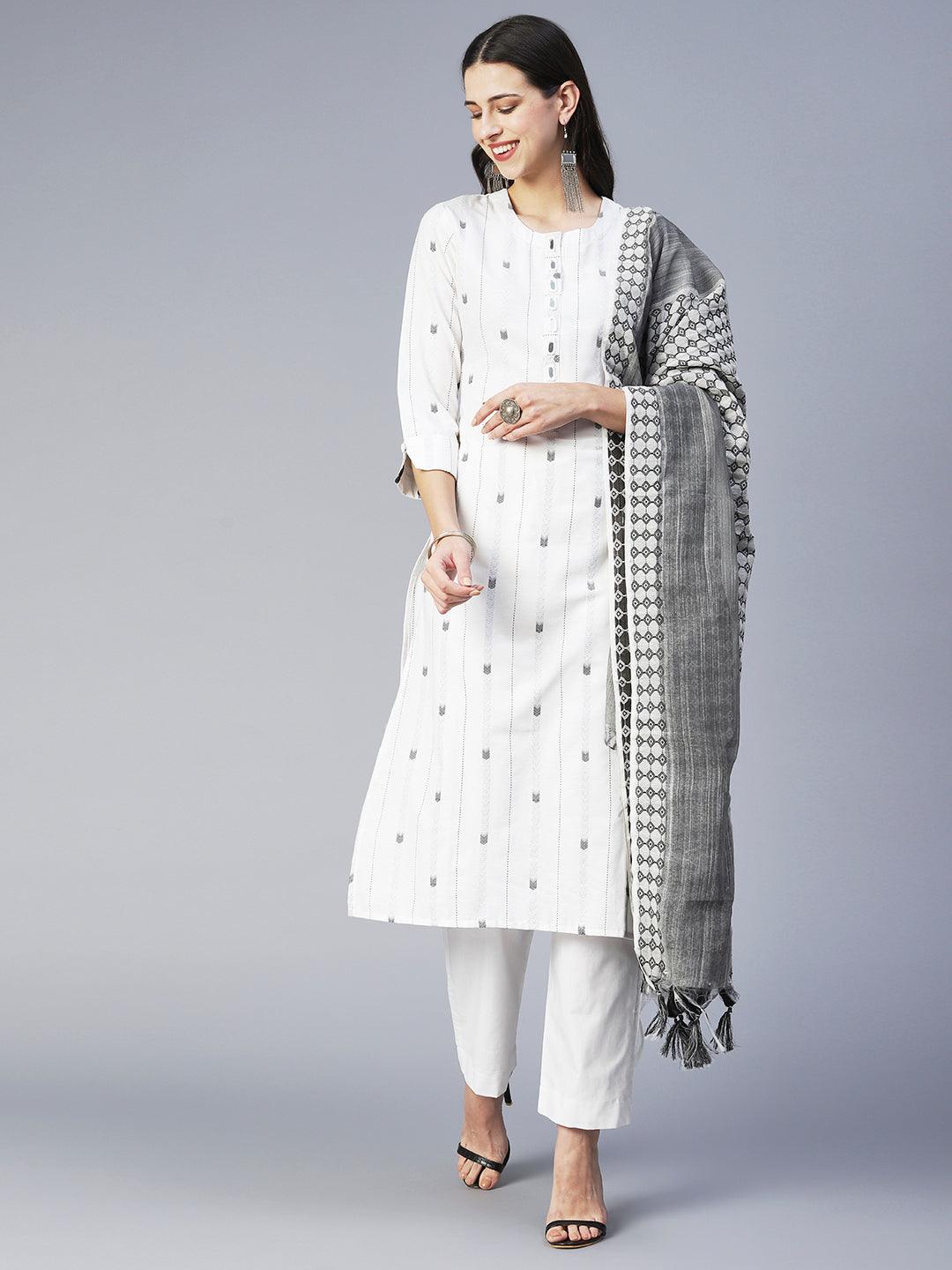 Solid Mirror Embroidered Kurta With Pants & Jacquard Dupatta - White - Indiakreations