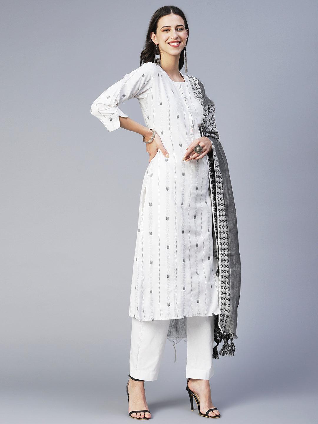 Solid Mirror Embroidered Kurta With Pants & Jacquard Dupatta - White - Indiakreations