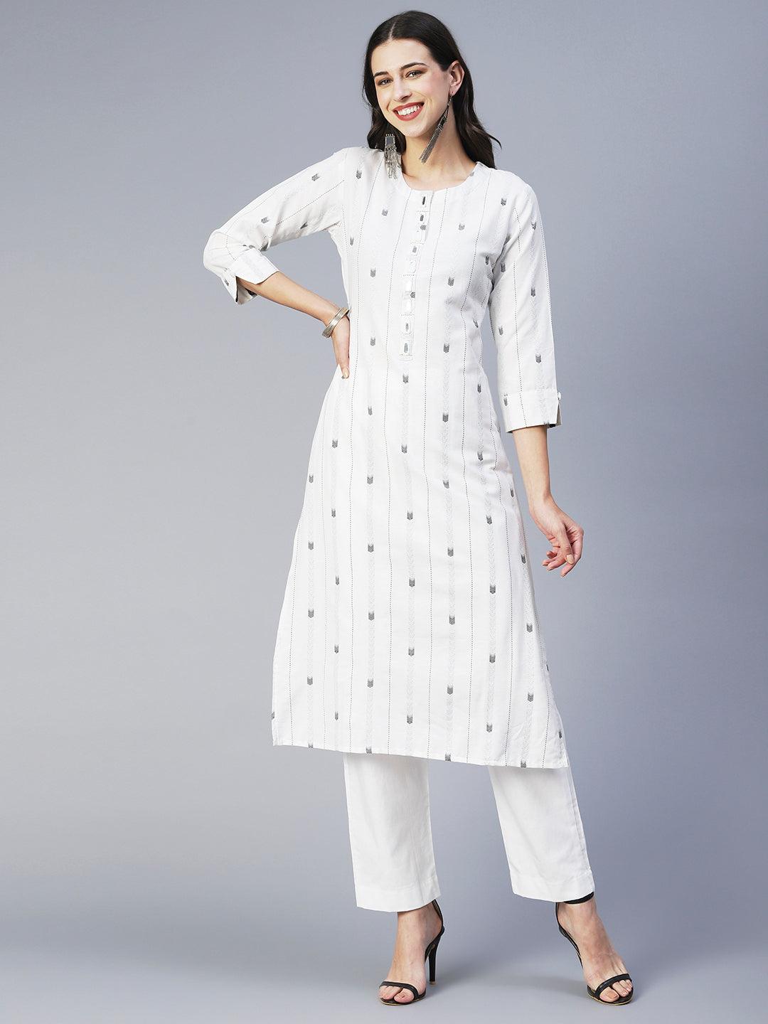 Solid Mirror Embroidered Kurta With Pants & Jacquard Dupatta - White - Indiakreations