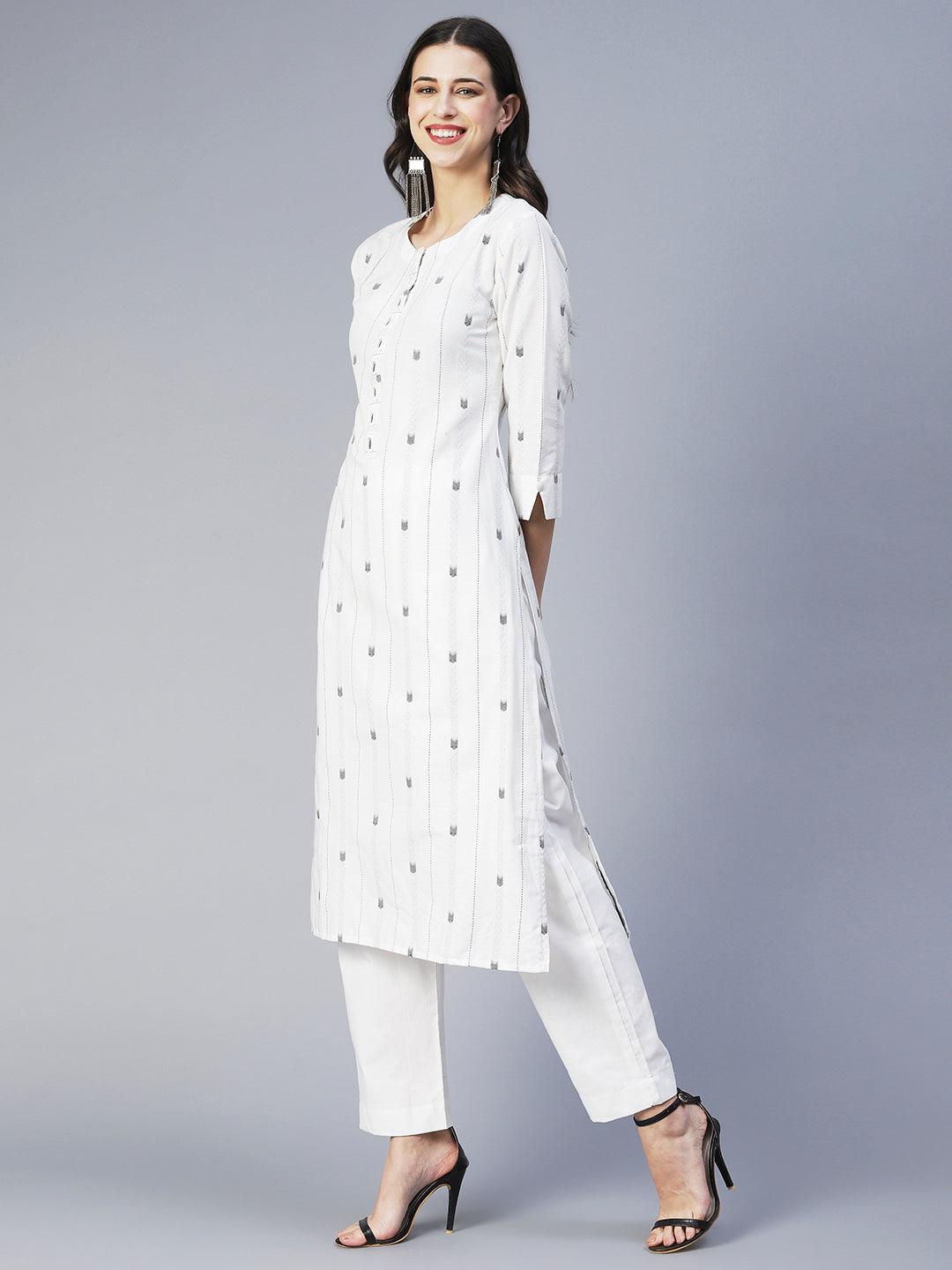 Solid Mirror Embroidered Kurta With Pants & Jacquard Dupatta - White - Indiakreations