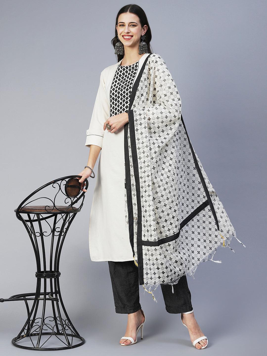 Solid Applique Kurta With Striped Pants & Printed Dupatta - Off White - Indiakreations