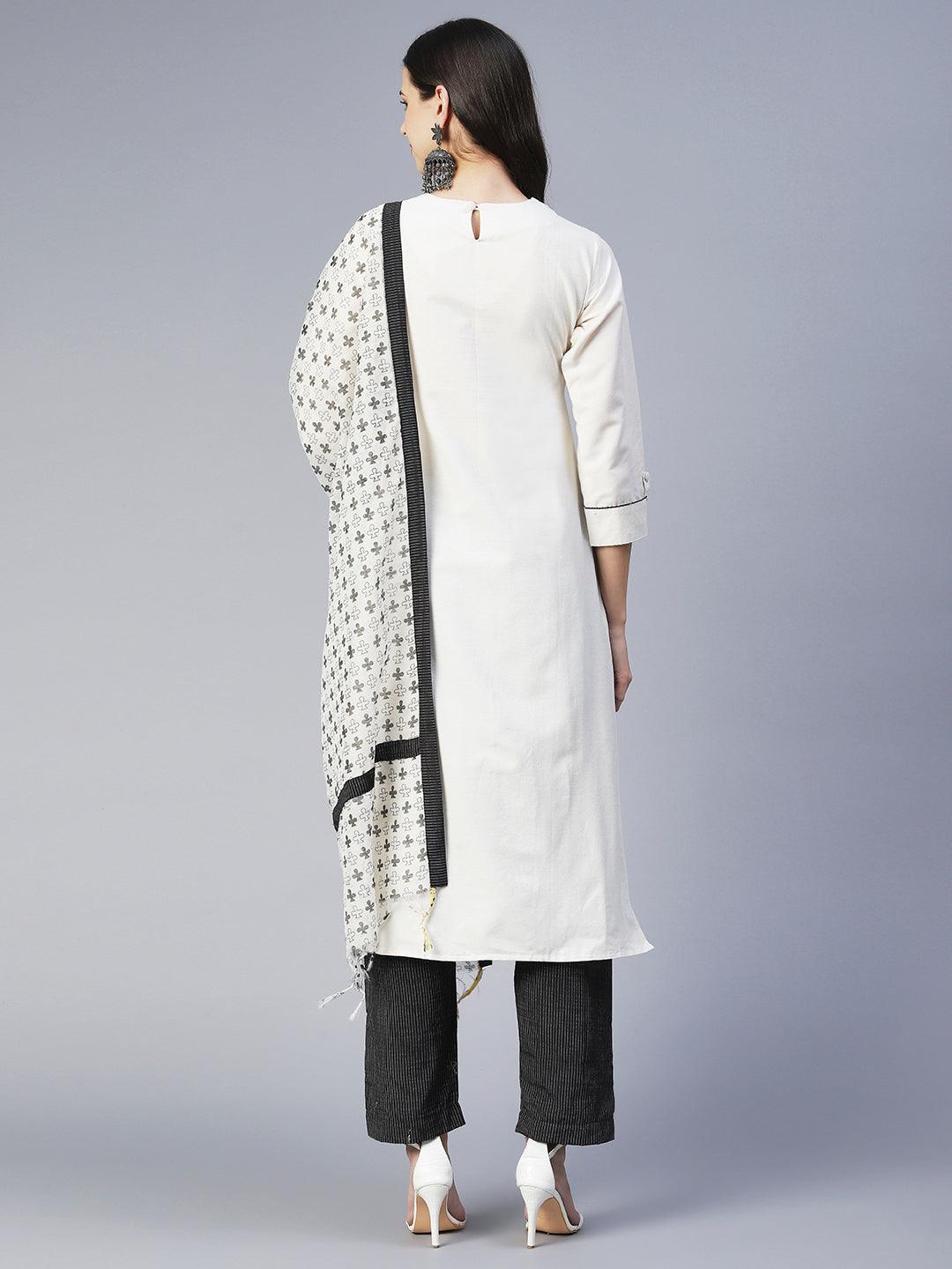 Solid Applique Kurta With Striped Pants & Printed Dupatta - Off White - Indiakreations