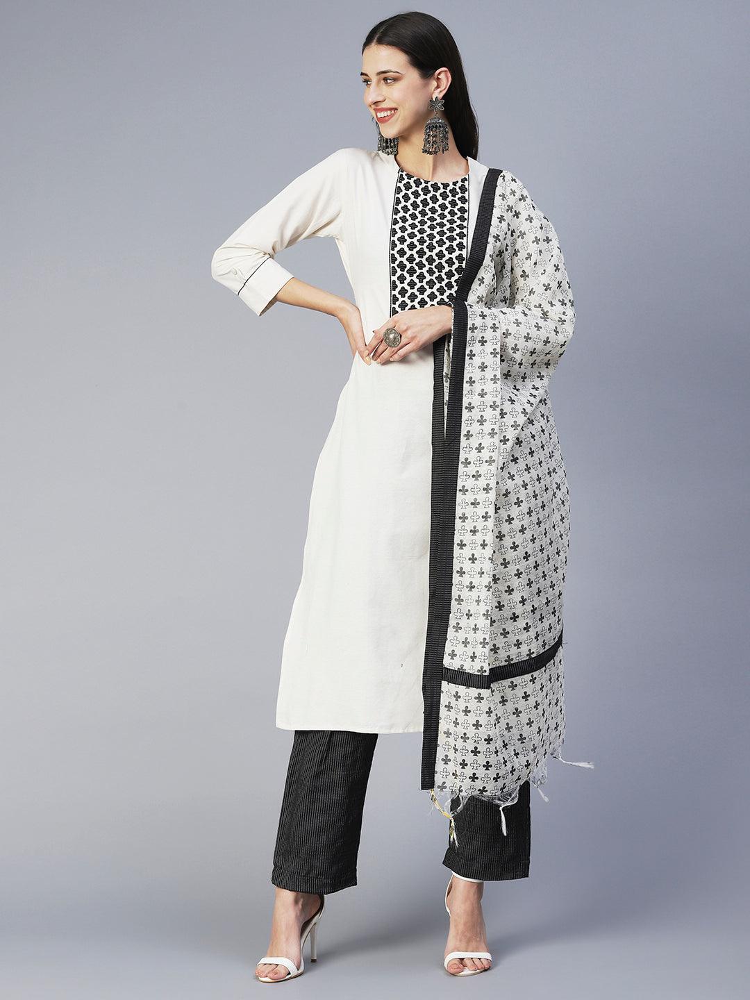 Solid Applique Kurta With Striped Pants & Printed Dupatta - Off White - Indiakreations